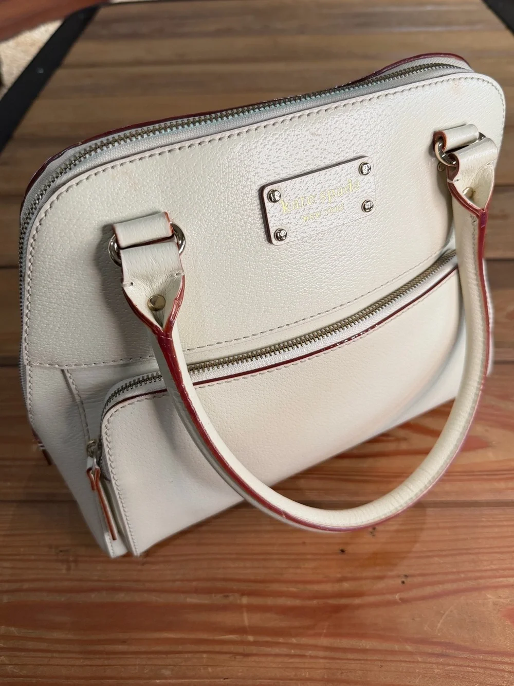 Kate Spade New York Pebbled Leather Purse Cream Top Handle Front Zip Pocket Bag